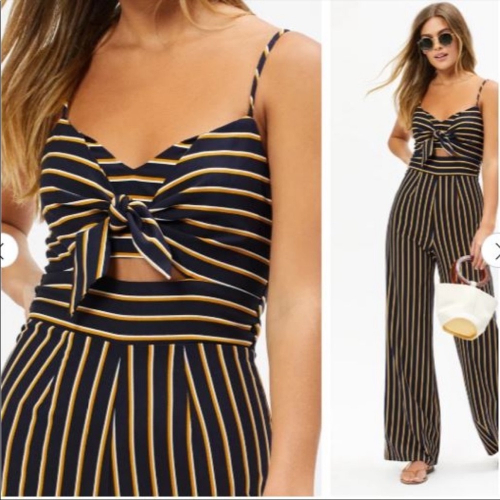 Lottie Moss Tie-Front Navy & Yellow Jumpsuit